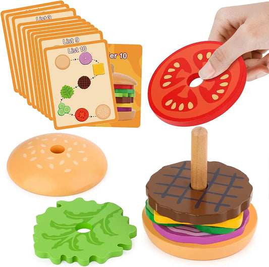 Jouets à empiler de hamburgers en bois Montessori